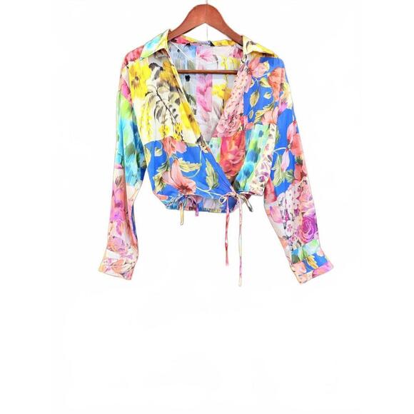 ZARA Shirt, Satin Multicolored Longsleeve Wrap shirt with Ties NWOT - Picture 5 of 12